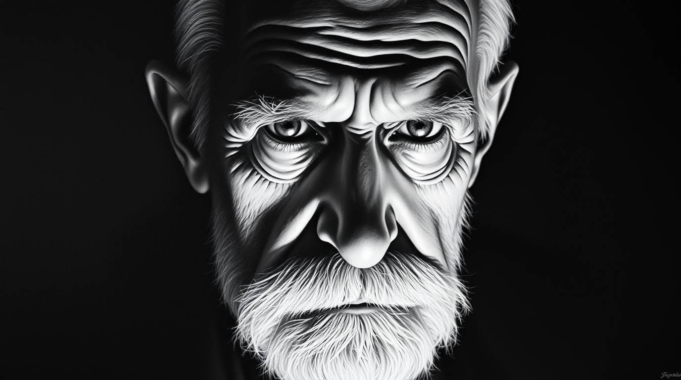 Portrait fictif de Sigmund Freud, médecin autrichien, fondateur de la psychanalyse et explorateur de l'inconscient humain