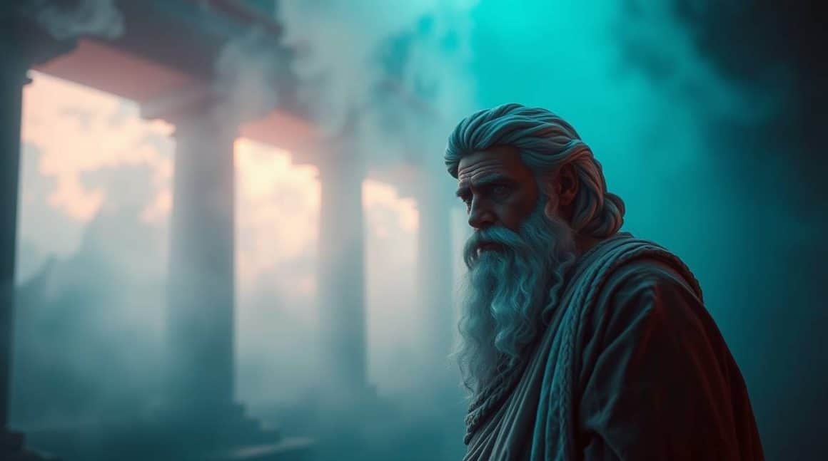 Philosophe antique avec longue barbe religieuse dans un temple grec en brume bleue.