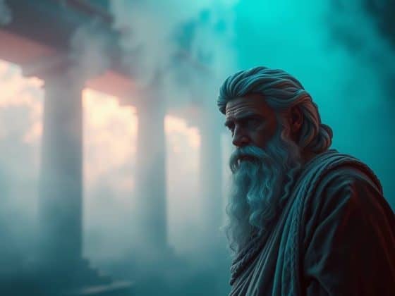 Philosophe antique avec longue barbe religieuse dans un temple grec en brume bleue.