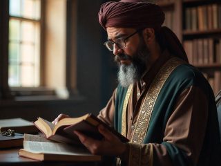 Moïse Maïmonide (1138-1204) : Le grand aigle et maître de la synthèse entre foi et raison 253 Portrait imaginaire du philosophe et rabbin Moïse Maïmonide, grand maître de la pensée juive médiévale et synthèse entre aristotélisme et judaïsme - image fictive ne représentant pas le personnage historique réel.