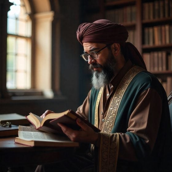 Ancien philosophe en tenue traditionnelle lisant un livre dans une bibliothèque lumineuse, symbolisant la sagesse, la réflexion et la recherche philosophique en contexte historique.