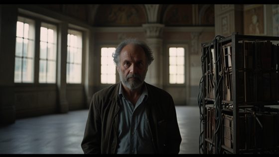 Une personne âgée avec une barbe grise dans une salle ornée de fresques, éclairée par des fenêtres anciennes, représentant la recherche philosophique et le savoir.