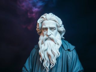 Empédocle d'Agrigente (vers 490-430 av. J.-C.) : L'harmonie cosmique des quatre éléments 109 Portrait imaginaire du philosophe présocratique Empédocle d'Agrigente, penseur des quatre éléments et de l'harmonie cosmique. Cette image est fictive et ne représente pas le personnage historique réel.