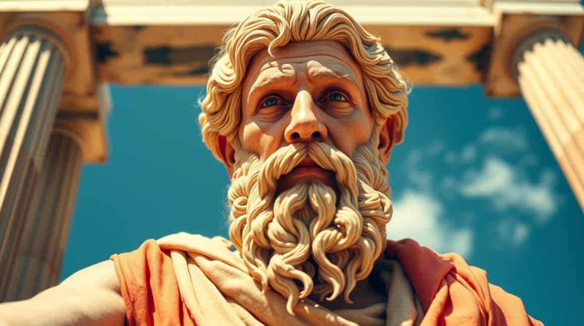 Philosophe antique grec statue de dieu ou philosophe avec colonnes en arrière-plan.