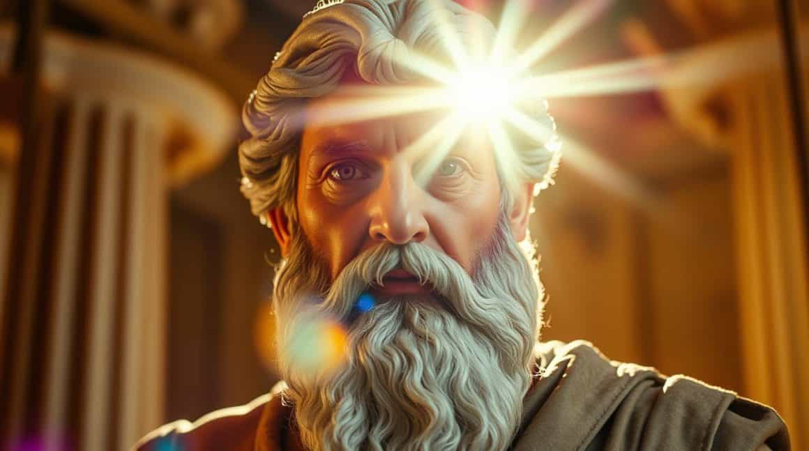 Philosophe antique avec lumière divine sur le front symbole de sagesse et de réflexion philosophique, représentant la quête de connaissance et de vérité selon la philosophie classique.