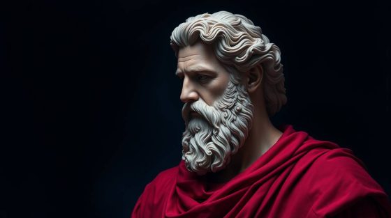 Pensée philosophique, sculpture d’un philosophe antique avec barbe blanche et drapé rouge, image symbolisant la philosophie, la sagesse et la pensée critique pour site de philosophie.