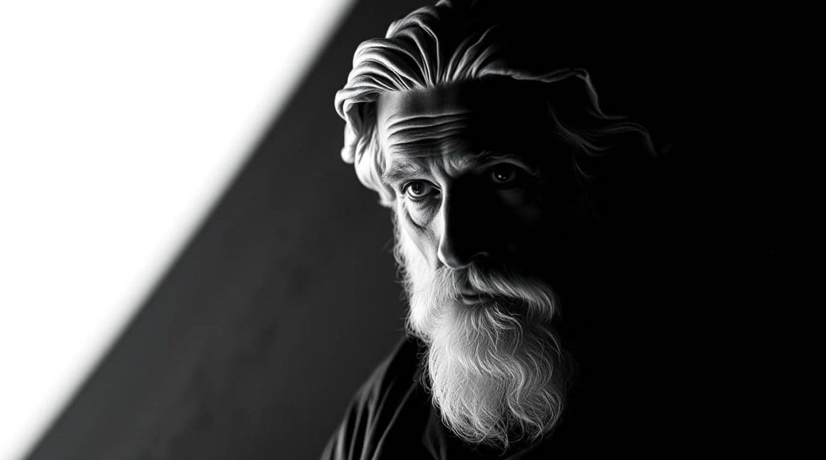Sculpture d'un philosophe âgé avec une longue barbe blanche, en noir et blanc, symbolisant la sagesse et la réflexion, illustrant les idées des grandes figures philosophiques.