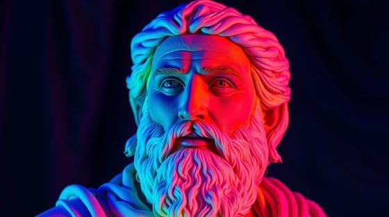 Philosophie, statue de platon colorée en néon, figure de penseur ancien, art moderne, philosophie antique et moderne, représentation de la réflexion philosophique, sculpture rythmée et vibrante, symbole de pensée critique, art numérique, philosophie classique et contemporaine.