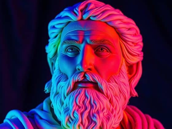 Philosophie, statue de platon colorée en néon, figure de penseur ancien, art moderne, philosophie antique et moderne, représentation de la réflexion philosophique, sculpture rythmée et vibrante, symbole de pensée critique, art numérique, philosophie classique et contemporaine.
