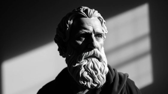 Statue de philosophe classique en noir et blanc, symbolisant la pensée critique et la sagesse, avec un éclairage dramatique.