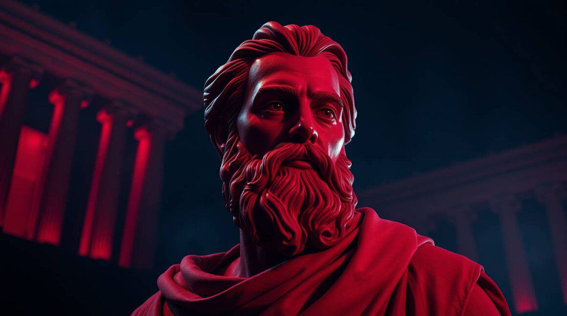 Statue de Socrate en style néon rouge, symbolisant la philosophie antique, avec colonnes classiques en arrière-plan, illustrant le dialogue philosophique et la réflexion critique.