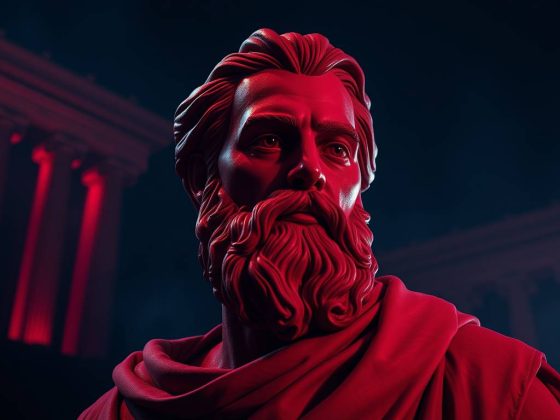 Statue de Socrate en style néon rouge, symbolisant la philosophie antique, avec colonnes classiques en arrière-plan, illustrant le dialogue philosophique et la réflexion critique.