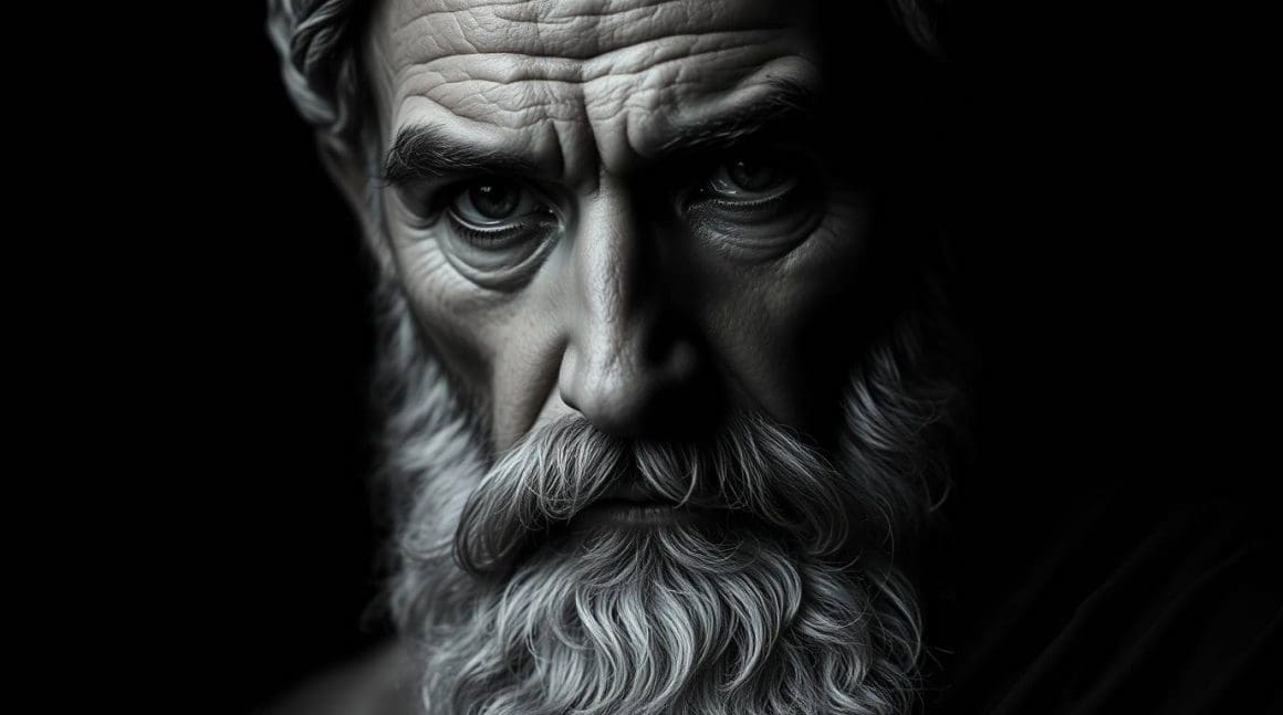 Pensée profonde d'un philosophe âgé avec une barbe blanche, illustration en noir et blanc évoquant la philosophie, la sagesse et la réflexion critique.