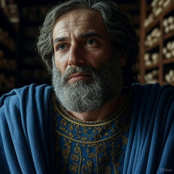Pensée philosophique homme âgé en méditation, sur fond bibliothèque, réflexion, sagesse, philosophie antique, personnage sage et sérieux, image inspirante sur la philosophie et la connaissance.