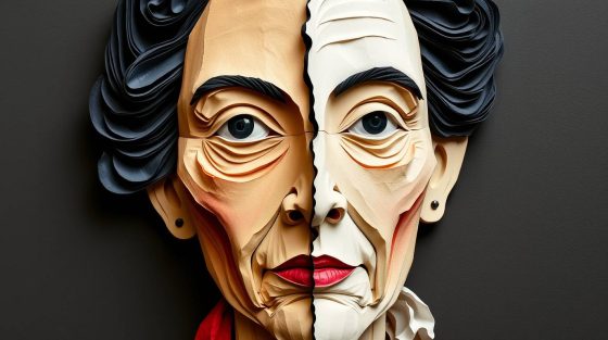 Masque artistique représentant la dualité, la réflexion philosophique et le regard critique, évoquant l'importance des philosophes dans la pensée occidentale, disponible sur Philosophes.Org.