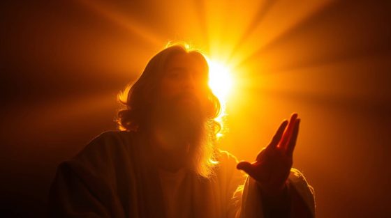 Un homme avec une longue barbe et cheveux longs, évoquant une figure religieuse ou spirituelle, se tient devant une lumière intense ressemblant à un halo ou un rayon divin, créant une atmosphère de spiritualité et de révélation.