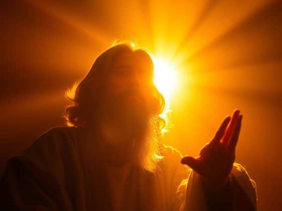 Un homme avec une longue barbe et cheveux longs, évoquant une figure religieuse ou spirituelle, se tient devant une lumière intense ressemblant à un halo ou un rayon divin, créant une atmosphère de spiritualité et de révélation.
