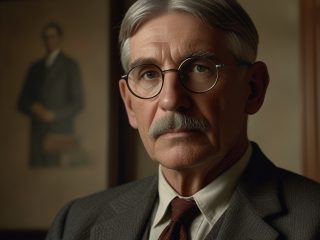 John Dewey (1859-1952) : Le philosophe de la démocratie et pionnier de l'éducation progressive 196 Portrait imaginaire du philosophe John Dewey, théoricien du pragmatisme et réformateur de l'éducation américaine - image fictive ne représentant pas le personnage historique réel.