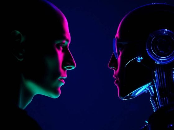 Un visage humain face à un robot humanoïde, illustrant la confrontation entre la pensée philosophique et la technologie avancée, évoquant la relation homme-machine et l'intelligence artificielle.