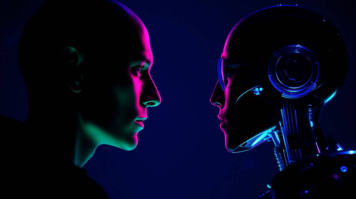 Un visage humain face à un robot humanoïde, illustrant la confrontation entre la pensée philosophique et la technologie avancée, évoquant la relation homme-machine et l'intelligence artificielle.