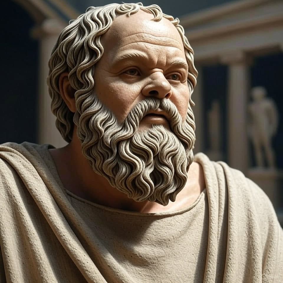 Sculpteur d'une statue antique représentant un philosophe grec à la barbe fournie, en tenue classique, dans un environnement rappelant l'Antiquité.