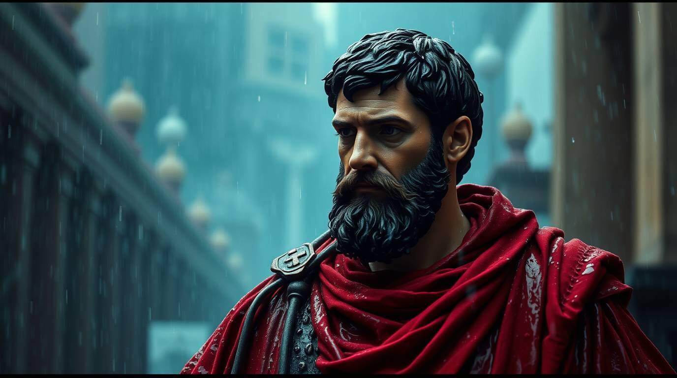 Pensée critique et philosophie à l'époque moderne, image représentant un homme habillé comme un philosophe antique avec un manteau rouge, dans une ville pluvieuse inspirée des images de philosophe, réflexion sur la pensée et la sagesse.