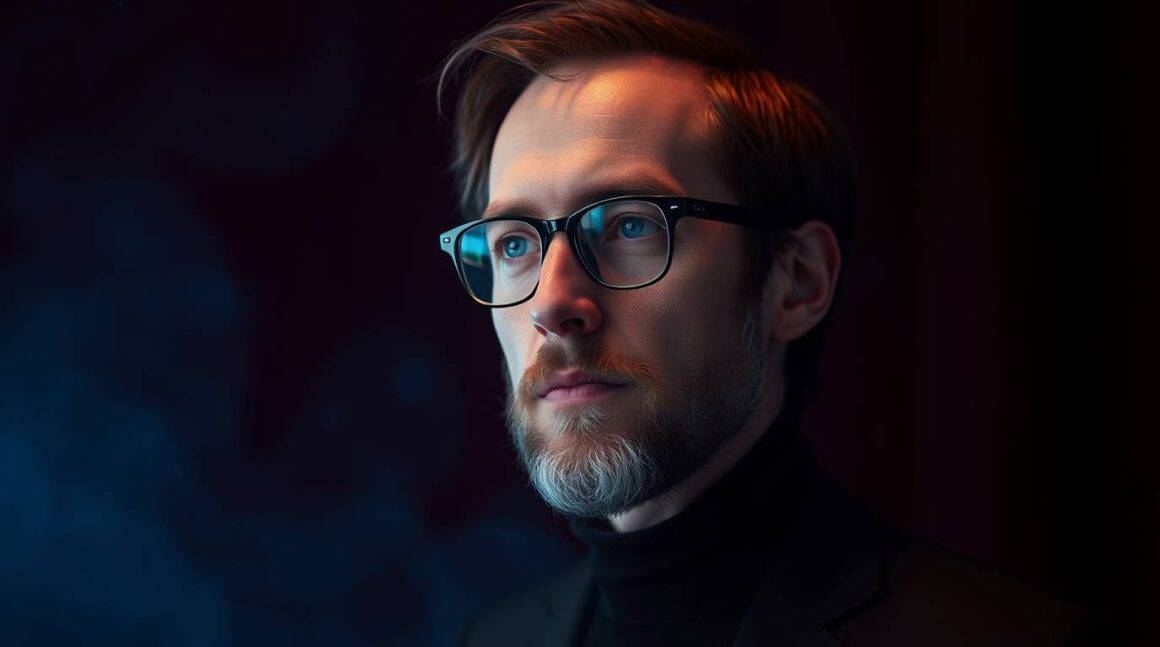 Pensée philosophique, homme avec lunettes, portrait réflexion, philosophie des idées, sciences humaines, intellectuel moderne.