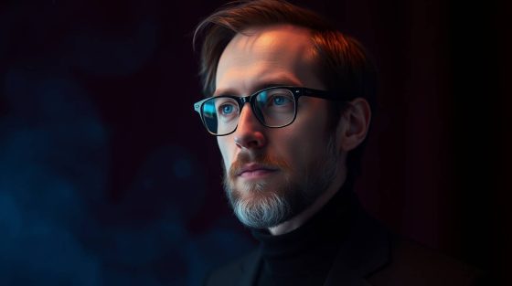 Pensée philosophique, homme avec lunettes, portrait réflexion, philosophie des idées, sciences humaines, intellectuel moderne.
