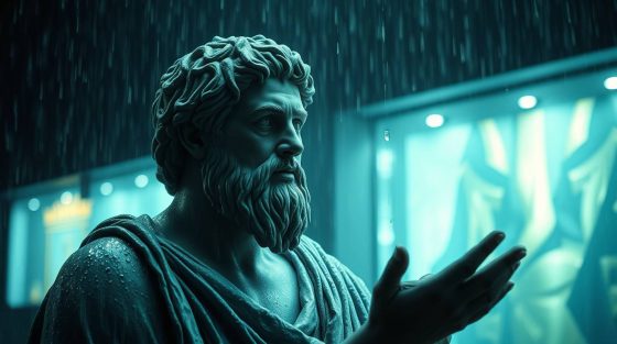 Pensée philosophique de Socrate, statue en bronze représentant la sagesse et la réflexion dans un contexte moderne.