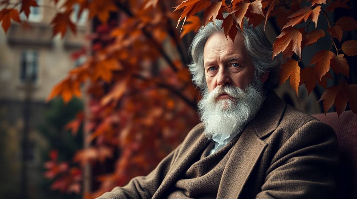 Pensée philosophe, homme âgé et sage, méditant sous un arbre aux feuilles d'automne, symbolisant la réflexion et la sagesse dans la philosophie.