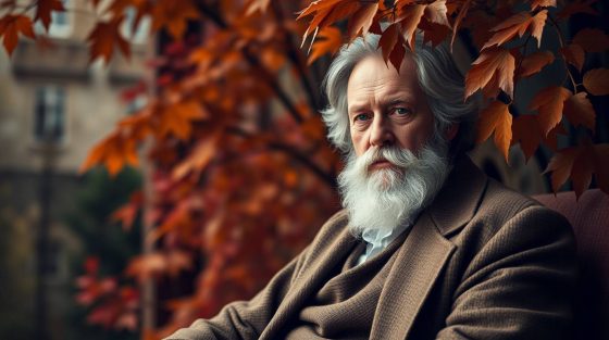 Pensée philosophe, homme âgé et sage, méditant sous un arbre aux feuilles d'automne, symbolisant la réflexion et la sagesse dans la philosophie.