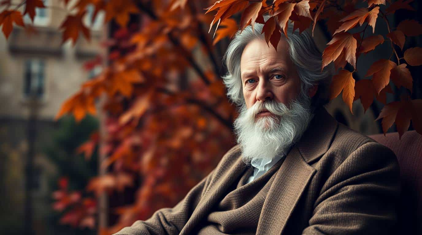 Pensée philosophe, homme âgé et sage, méditant sous un arbre aux feuilles d'automne, symbolisant la réflexion et la sagesse dans la philosophie.
