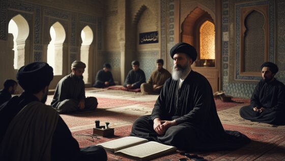 Représentation imaginaire et fictive d'Al-Juwayni, théologien persan du XIᵉ siècle - cette image ne représente pas le personnage historique réel