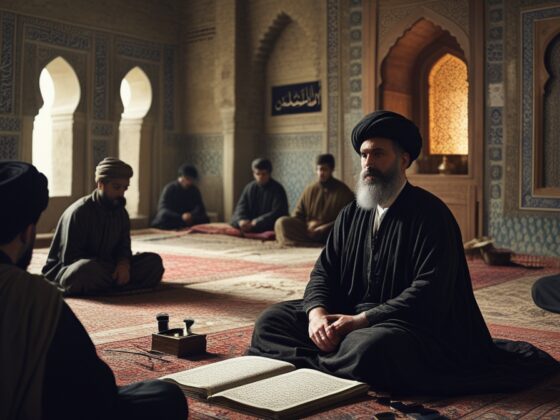 Représentation imaginaire et fictive d'Al-Juwayni, théologien persan du XIᵉ siècle - cette image ne représente pas le personnage historique réel