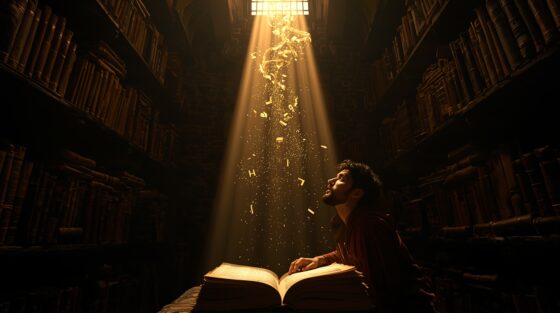 Image fictive représentant un philosophe commentateur entouré de manuscrits aristotéliciens – cette illustration imaginaire ne représente pas le véritable Alexandre d'Aphrodise