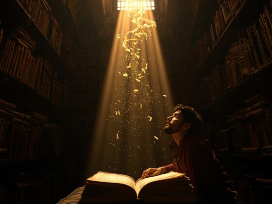 Image fictive représentant un philosophe commentateur entouré de manuscrits aristotéliciens – cette illustration imaginaire ne représente pas le véritable Alexandre d'Aphrodise