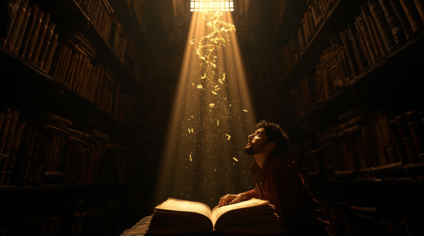 Image fictive représentant un philosophe commentateur entouré de manuscrits aristotéliciens – cette illustration imaginaire ne représente pas le véritable Alexandre d'Aphrodise