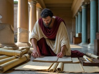 Andronicos de Rhodes (Iᵉʳ siècle av. J.-C.) : l'éditeur du corpus aristotélicien 42 Représentation imaginaire d'Andronicos de Rhodes, philosophe péripatéticien et éditeur d'Aristote. Cette image est fictive et ne représente pas le personnage historique réel.