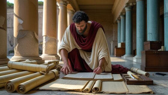 Représentation imaginaire d'Andronicos de Rhodes, philosophe péripatéticien et éditeur d'Aristote. Cette image est fictive et ne représente pas le personnage historique réel.