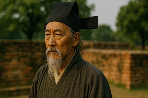 Représentation artistique fictive et imaginaire de Dong Zhongshu, philosophe confucéen de la dynastie Han - cette image ne représente pas le personnage historique réel