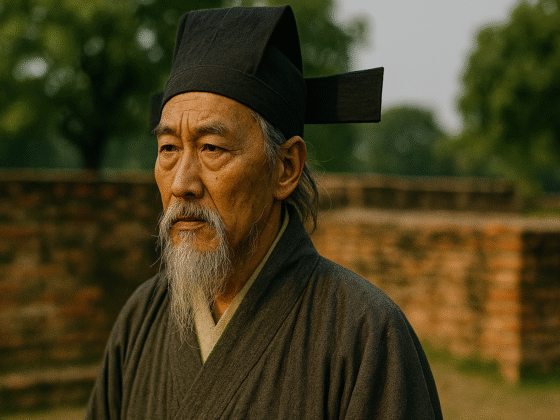 Représentation artistique fictive et imaginaire de Dong Zhongshu, philosophe confucéen de la dynastie Han - cette image ne représente pas le personnage historique réel