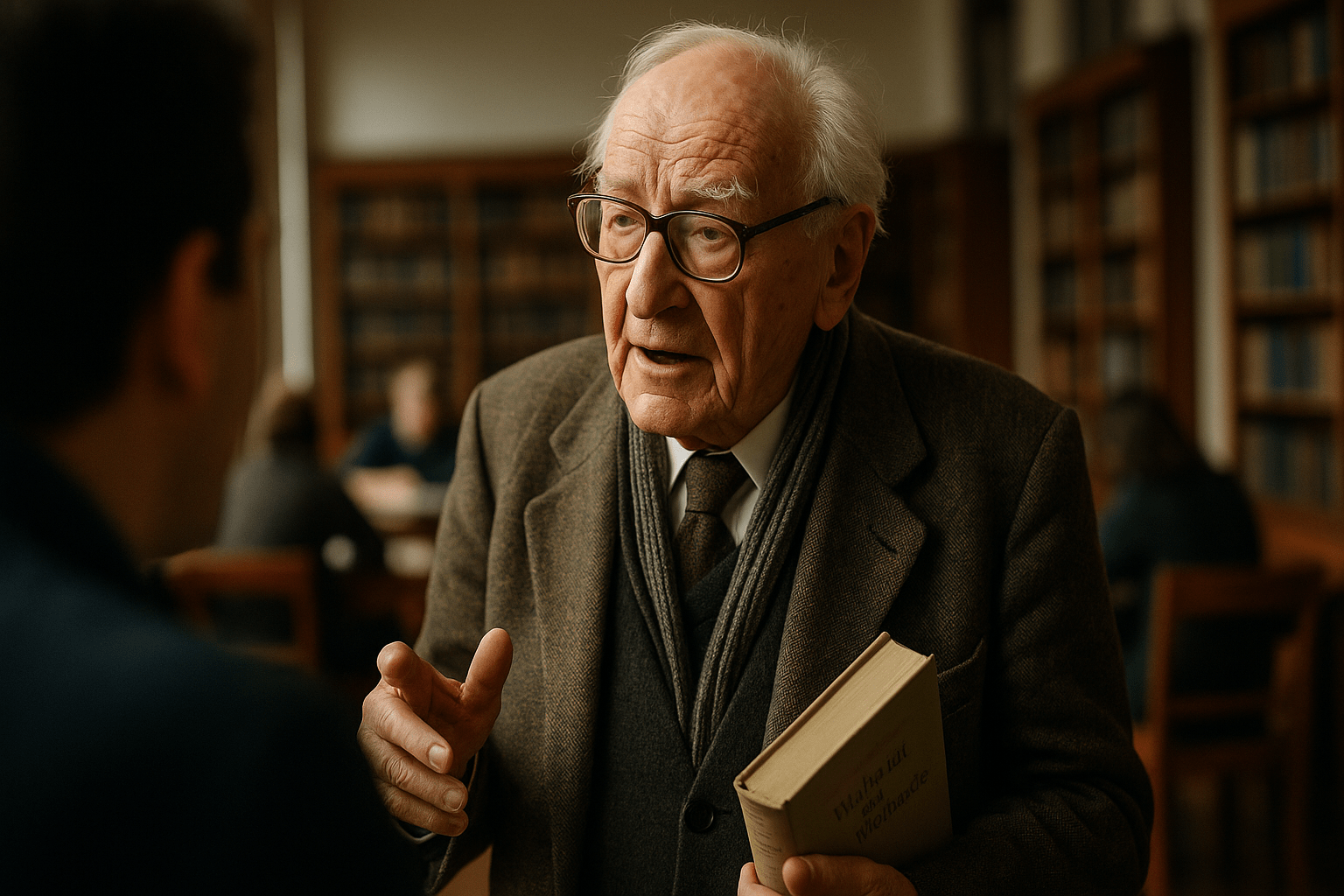 Portrait imaginaire de Hans-Georg Gadamer, philosophe allemand du XXᵉ siècle et théoricien de l'herméneutique philosophique. Cette image est fictive et ne représente pas le personnage historique réel.