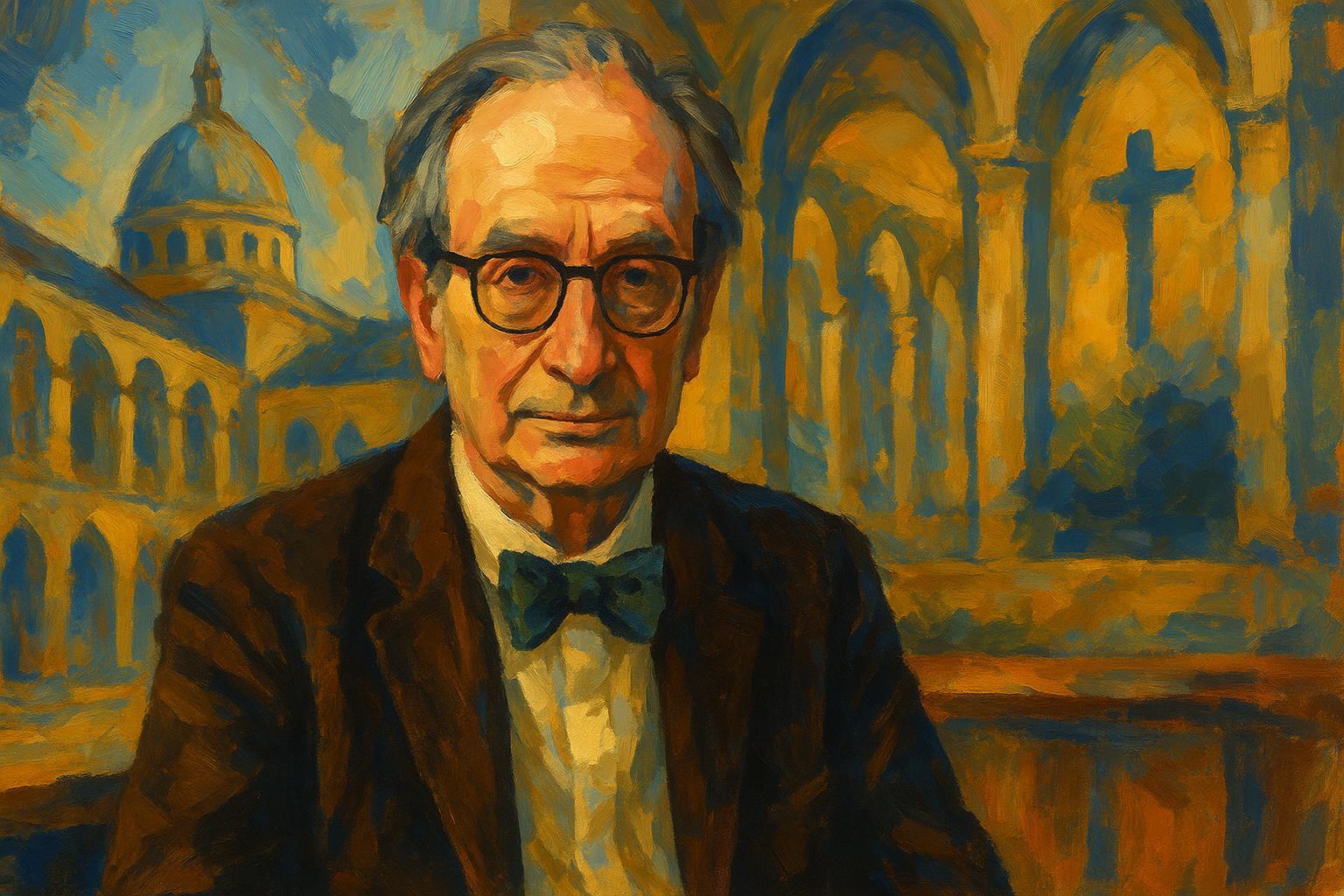 Portrait imaginaire de Jean-Luc Marion, philosophe et phénoménologue français contemporain - cette représentation fictive ne constitue pas une image réelle du philosophe
