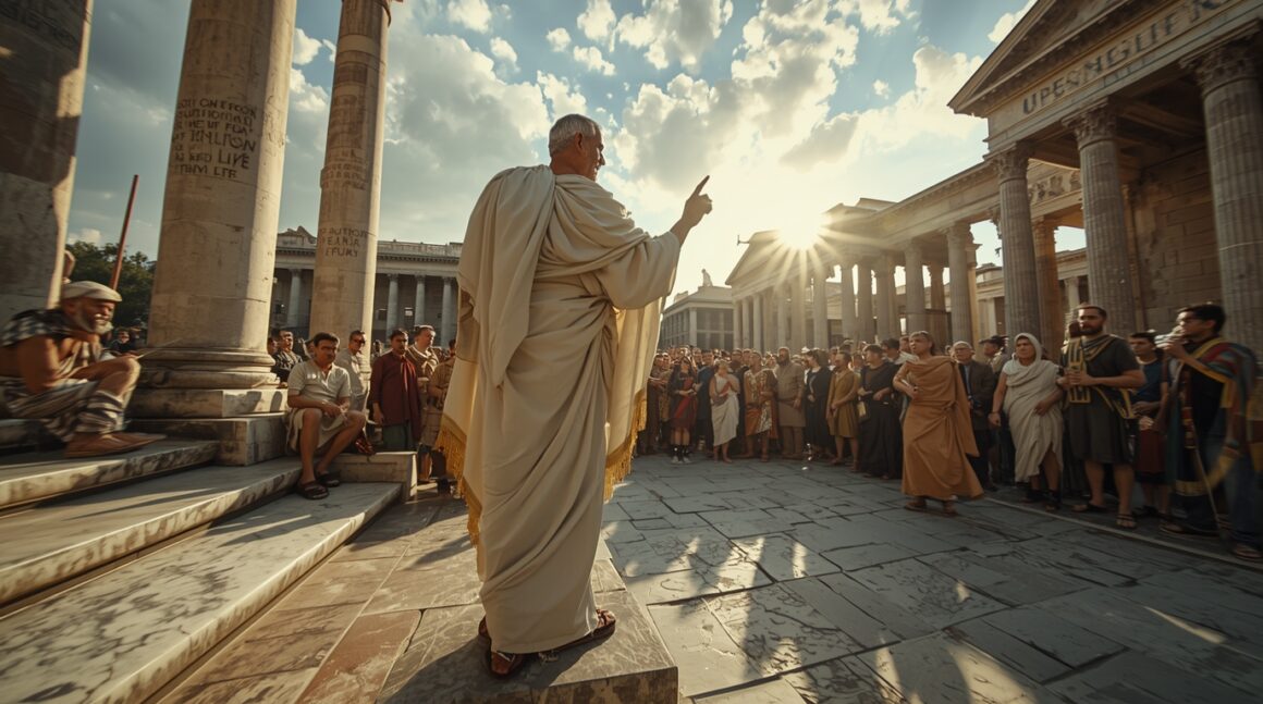 Image fictive représentant un philosophe stoïcien dans le cercle des Scipions à Rome – cette illustration imaginaire ne représente pas le véritable Panétius de Rhodes