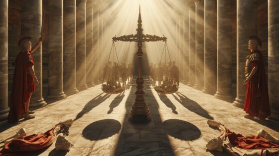 Image fictive représentant un philosophe antique dans sa bibliothèque entouré de rouleaux – cette illustration imaginaire ne représente pas le véritable Plutarque de Chéronée