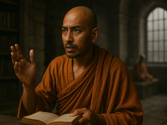 Représentation imaginaire et fictive de Vasubandhu, philosophe bouddhiste indien du IVe-Ve siècle, ne représentant pas le personnage historique réel