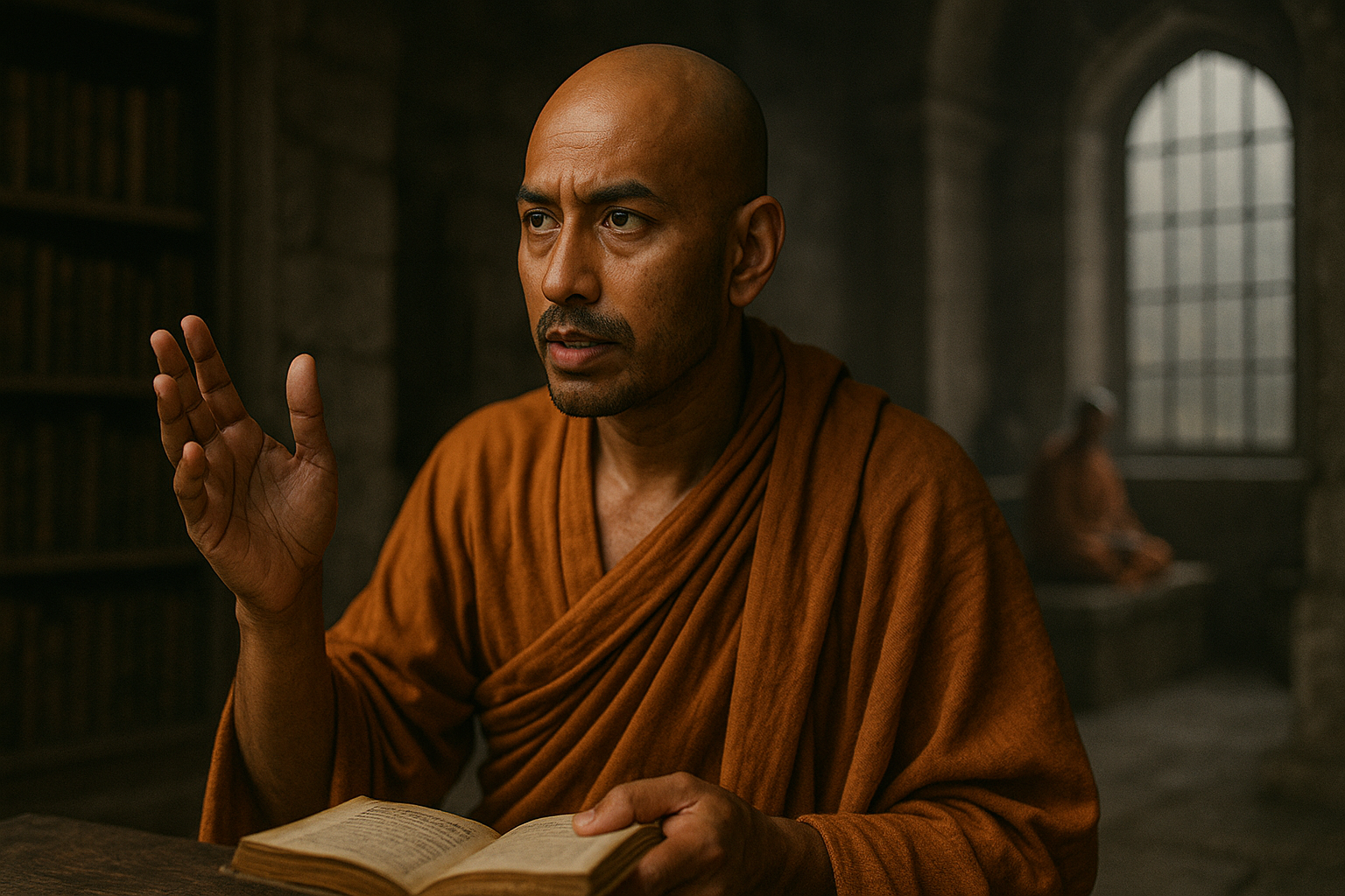 Représentation imaginaire et fictive de Vasubandhu, philosophe bouddhiste indien du IVe-Ve siècle, ne représentant pas le personnage historique réel