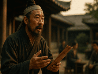 Xun Zi (313 av. J.-C. – 238 av. J.-C.) : La nature humaine perfectible par l'éducation et les rites 355 Image fictive et imaginaire de Xun Zi, philosophe confucéen chinois, ne représentant pas le personnage historique réel