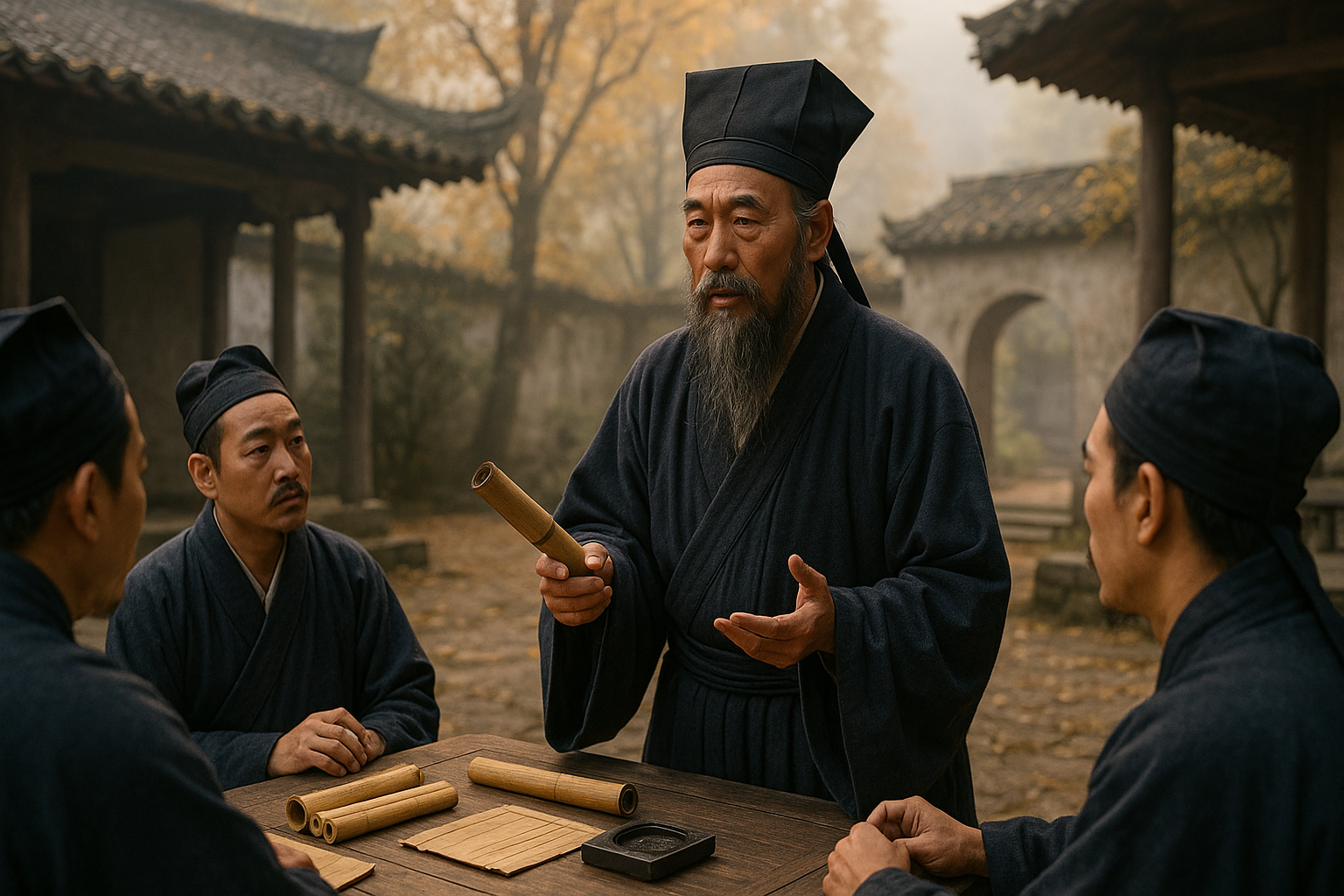 Image fictive et imaginaire de Zhu Xi, philosophe néoconfucéen chinois du XIIᵉ siècle, ne représentant pas le personnage historique réel.