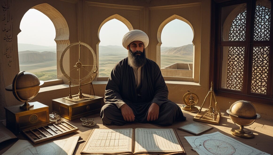 Représentation imaginaire et fictive d'Al-Biruni, savant persan du XIᵉ siècle - cette image ne représente pas le personnage historique réel